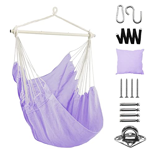 Dekool Hammock Chair Hanging Rope Swing, Detachable Steel Support Bar, Max 330 Lbs, Soft Durable Cotton Canvas, 1 Cushion & Hanging Hardware Included, For Indoor Outdoor, Purple #TOP23