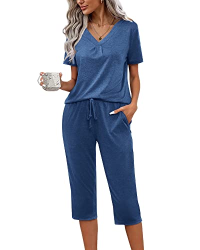 difficort Pajamas for Women Ladies V-neck Sleepwear Top and Capri Pants Two Piece Loungewear set,2-Navy,Medium