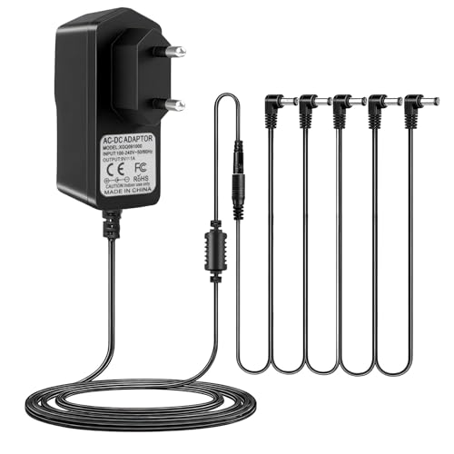 Fuente de Alimentación Pedal de Guitarra 9V 1A, Adaptador Corriente de Pedales con Centro Negativo, Alimentacion Pedalboard Guitarra con Cables en Cadena de 5 Vías para Pedals de Efectos, Looper, 1M