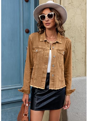 Image of luvamia Denim Jacket for Women Distressed Jean Jackets Button Up Vintage Western Trucker Jacket Frayed Hem Pockets