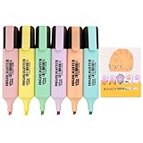 6 Stück Textmarker Set mit Cartoon Haftnotizen Klebezettel, Pastell Textmarker mit Meißelspitze, 6 Farben Marker für Kinder Erwachsene Schüler Büro Schulbedarf - Gelb Oragne Rosa Grün Violett Blau