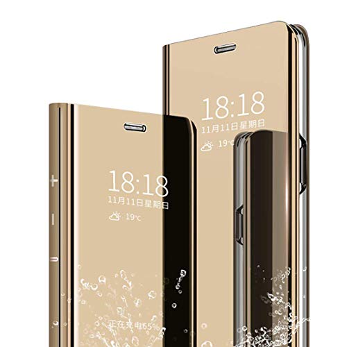 LANYOS Compatible Samsung Galaxy Note 10+ Plus 5G Flip Case，Full Body Protection Translucent Electroplate Plating S-View Mirror Cover Built in Kickstand (6.8 inch 2019) (Gold)