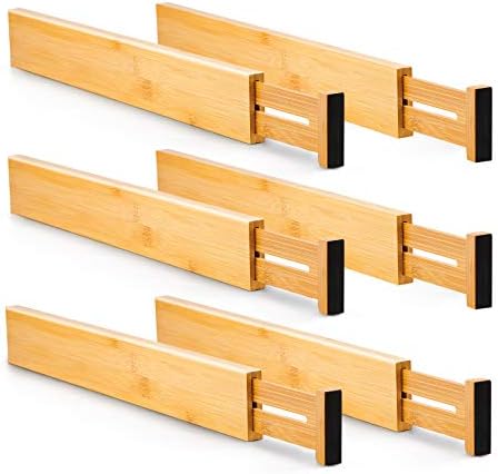 Diosbles 6 Pack Bamboo Drawer Dividers, Adjustable Kitchen Drawer Divider, Expandable Drawer Organizer Kitchen Utensils, Spring Loaded Drawer Organizers for Clothing (2.36" High, 13.86"-18.9")