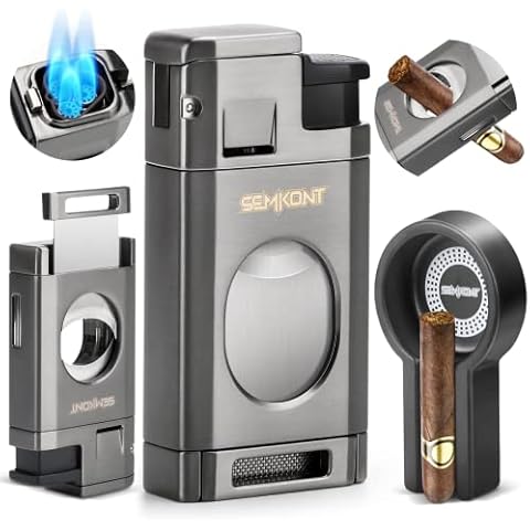 SEMKONT Cigar Lighter, Triple Jet Flame Cigar Lighter with Cigar Cutter, Windproof Butane Refillable Torch Lighters, 2 in 1 Multifunctional Cigar Lighter Gift Accessories Ashtray Set (Grey) Cover