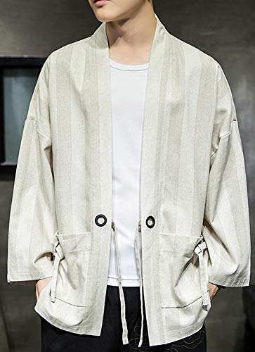 Hotmiss Men\'s Linen Striped Kimono Cardigan Noragi Street Jacket Japan Yukata Coat (Medium) Beige
