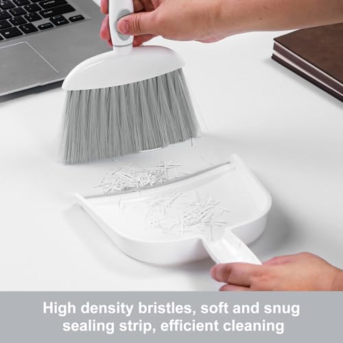 Image of NACENA Small Dust Pan and Brush Set, Mini Broom and Dustpan Set Small Hand Broom and Brush Combo Dust Pan with Teeth for Home Cleaning Drawers Desktop Sofas and Outdoor, White & Gray