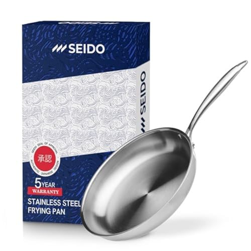 SEIDO 28cm Stainless Steel Frying Pan IInduction Uncoated Non-Toxic Triply Cookware PFOA PFAS|Free Dishwasher & Oven Safe 260°C|New ThermoCore 5ply Base,Large Saute Fry Pan 5Y Warranty 18/10