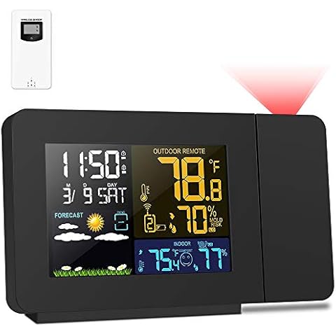 Kalawen Projection Alarm Clock with Outdoor Sensor, Personal Weather Station for Bedroom, Projector Dimmable Clock Dual Alarms LCD Display Date Time Temperature Humidity Cover