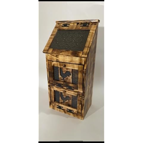 Country Barn Gifts Amish Made Pine 2 Door Burned Rooster Bin for Kitchen Storage Cover