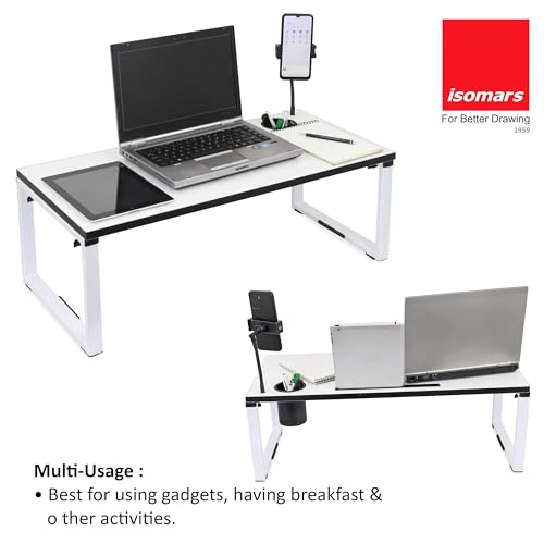 Image of Isomars Bed Desk /Floor Desk with Mobile Holder 76cm x 35.5cm (30 inch x 14 inch) Laptop Study Table for Work from Home, Online Classes, Card Games and Kid's Activities (White)