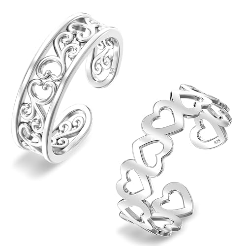 2 Pcs 925 Sterling Silver Toe Rings for Women | BIS Hallmarked Alternating Open Hearts and Hawaiian Leaf Open Adjustable Toe Ring Band | Minimalistic Summer Beach Foot Jewelry-image-33