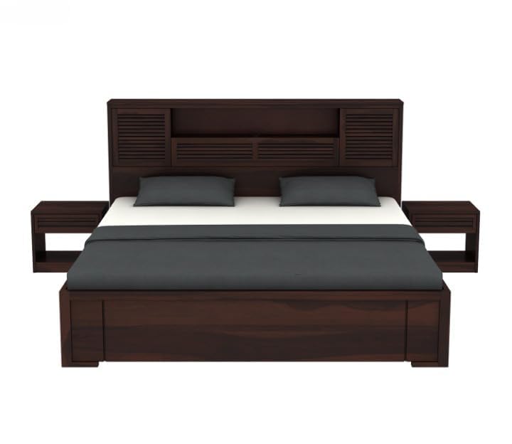 Image of Solid Wood Bed with Storage | Modern Wooden Bed with Slatted Headboard | Strong & Durable Bed Frame for Bedroom Home & Hotel (Walnut Finish, King)