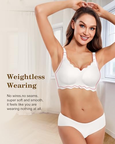 HORISUN Bras for Women No Underwire V Neck Scalloped Wireless Bralettes with Soft Support Comfort Full Coverage Seamless Bra (White,L) - Image 2