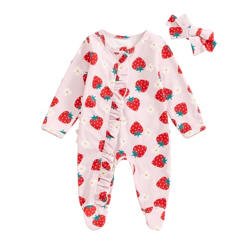 Image of Lucikamy Newborn Outfits Baby Girl Floral Print Ruffle Romper Jumpsuit Long Sleeve Zipper Bodysuit Fall Winter Clothes