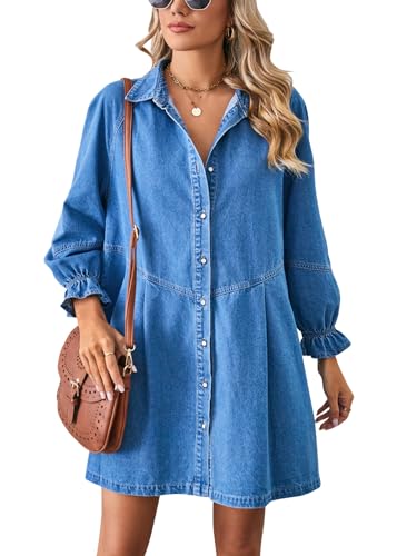 shownicer Jeanskleid Damen Langarm Blusenkleid Hemdkleid V-Ausschnitt Shirtkleid Baumwolle Jeanshemd Kleid Button Down Freizeitkleid Casual Kleider...