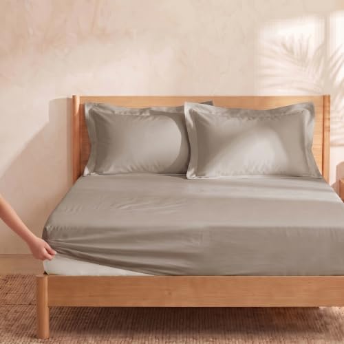Image of Huesland 300 TC Premium 100% Pure Cotton Luxe Soft Touch Fitted Single Size Bedsheet Cotton with 2 Pillow Covers | Dessert Taupe | 36 x 78 Inches