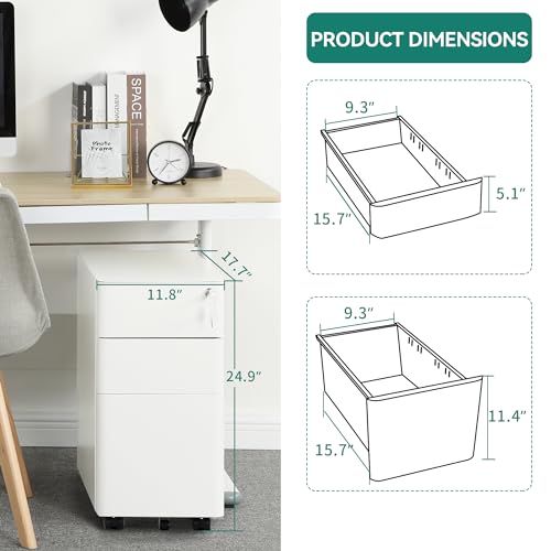 Image of YITAHOME 3-Drawer Metal Filing Drawers with Keys, Compact Slim Portable File Pre-Built Office Storage Cabinet for A4 /Letter /Legal (White)