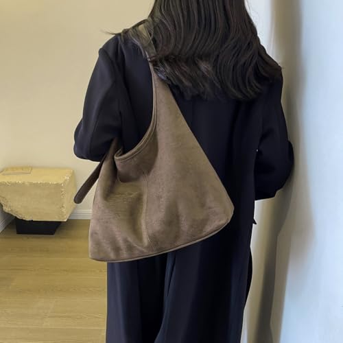 Image of Lushandy Brown Suede Purse Faux Suede Tote Bag Leather Hobo Bags for Women Slouchy Hobo Bag Fall Purse Shoulder Bag