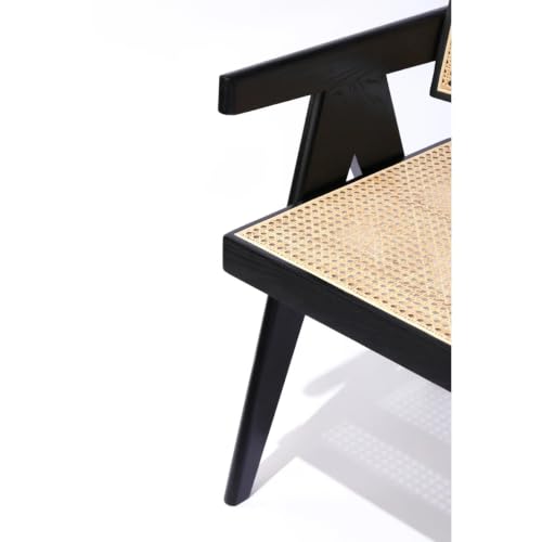 Image of Solid Wood Arm Chair with Cushion and Cane Back Support Chair Living Room Bedroom Home Wooden Armchair Furniture Garden Balcony Outdoor & Indoor (Black Chair with Cane)