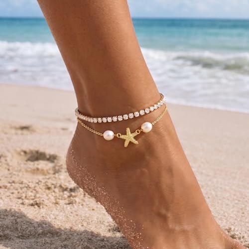Image of DEARMAY Gold Ankle Bracelets for Women Waterproof, Non Tarnish 14K Gold Plated Beaded Link Chain Anklets, Layered Summer Beach Jewelry Gifts, Dainty Bikini Outfits for Vacation