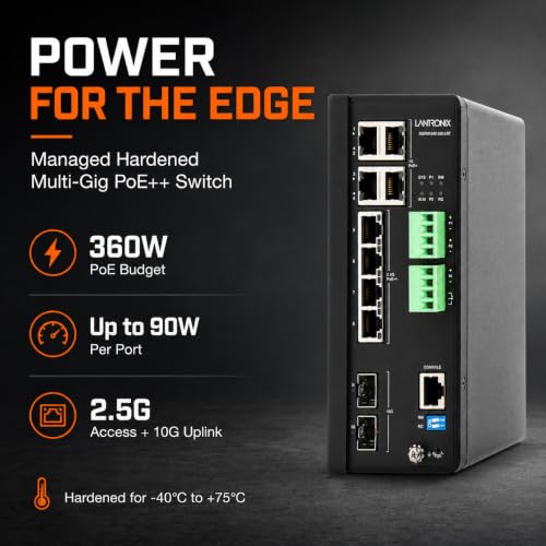 Image of Lantronix Switch - SISPM1242-582-LRT - Wired - 10Gbps - Networking / Ports Qty: 11 - Gigabit Ethernet - 52 - 57VDC - (4) 10 /100 /1000 Mbps, (4) 100 /1G /2.5G RJ-45 ports, (2) 1G /10G SFP slots, (1) Con...
