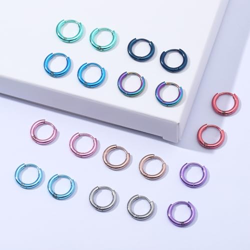 NEWITIN 12 Pairs Surgical Stainless Steel Hoop Earrings for Men Hypoallergenic Earring Huggie Cartilage Hoop Earring Set Colorful Small Hoop Earrings for Women Men4