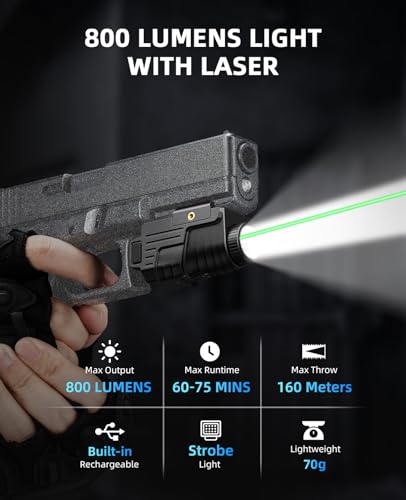 Image of EZshoot 800 Lumens Pistol Light Laser Combo Rechargeable, Pistol Flashlight with Slidable Rail Compatible with Glock and Picatinny Rail, Gun Light with Green Laser Beam