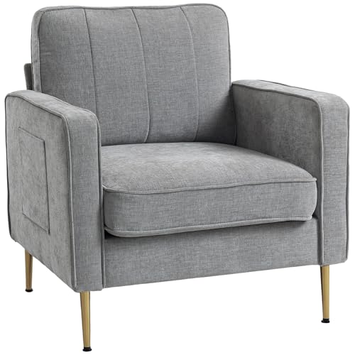 HOMCOM Canapé 1 Place avec Pieds en Acier doré, Grand Confort, Pochettes latérales, pour Salon, Bureau, Chambre, Gris