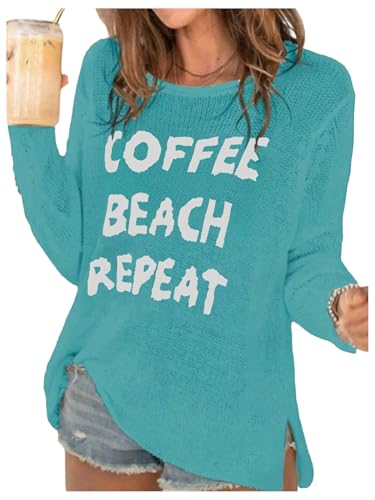 Image of Verdusa Women's Beach Cover Up Sweaters Letter Print Long Sleeve Crochet Crew Neck Knit Sweater Summer Tops