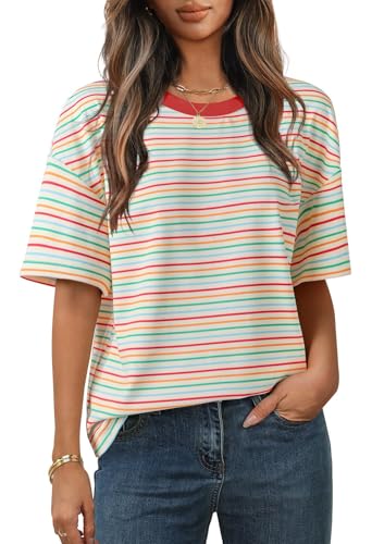 Cuptacc T-Shirt Damen 2026 Trendy Niedlich Mit Bunt Gestreiftes Muster Kurzarm Tshirt Klassische Frühling Weich Und Bequem 1/2 Arm Shirt Blau-Weiß-Rot L Groß