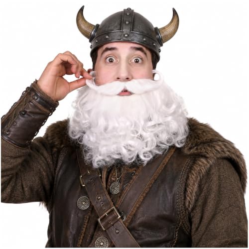 Honcloud Mens 8 Inches Curly White Realistic & Fluffy Fake Beard For Wizard Costume Party and Halloween(White)