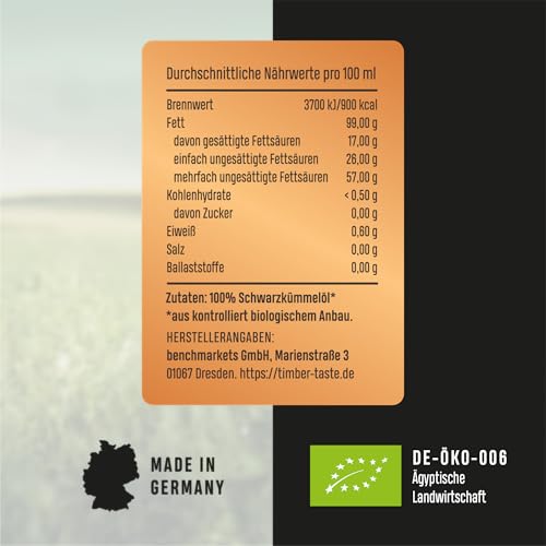 Schwarzkümmelöl Bio kaltgepresst ungefiltert 500ml Kümmelöl – Ägyptisches Black Seed Oil mit hohem Thymochinongehalt (4600 mg/1000 ml), keto & vegan aus deutscher Ölmanufaktur