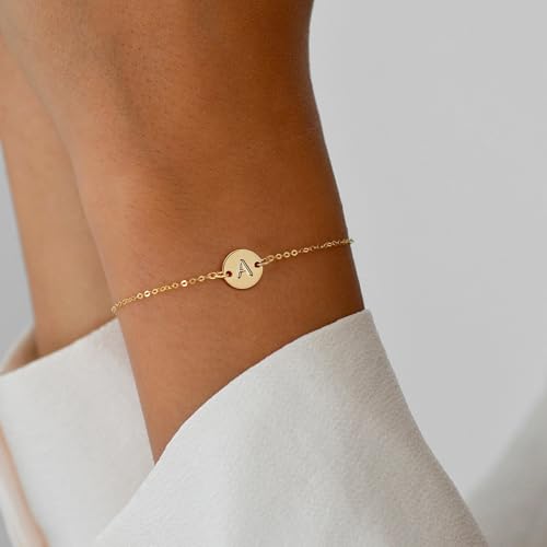 BAYLAY Gold Initial Bracelets for Women Girls Gifts - 18K Gold Plated Letter Initial Bracelet Dainty Disc Monogram Bracelet Gold Bracelets for Women Gold Jewelry Gifts for Women Teen Girls4