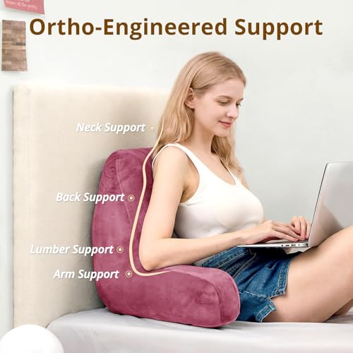 Image of Sasttie Reading Pillow for Bed, Back Pillow for Sitting Up, Rose Pink | 18 inch Backrest Support Cushion for Couch, Sofa, and Floor, Dorm Essentials, OEKO-TEX, Adjustable Down Alternative Fill