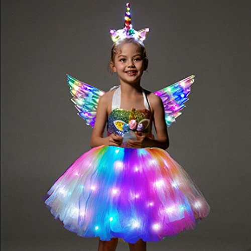 SHINYOU Girls Unicorn Costume, Rainbow Unicorn Dress, LED Light Up Unicorn Tutu with Wing for Halloween Birthday Gift DeepRainbow+Wing 5-6Y¡­