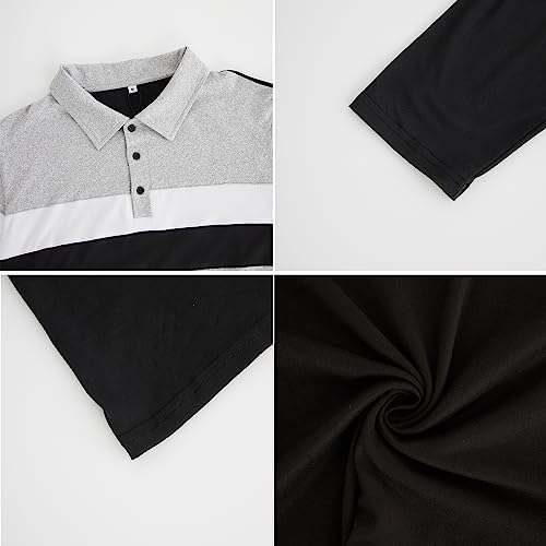 CTU Polo de manga larga para hombre, color de contraste, patchwork, camiseta de golf, tenis, Negro , XXXL