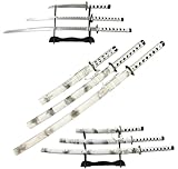 Samurai Sword Set 3-Piece with Stand – White Marble Katana, Wakizashi & Tanto – 1095 Carbon Steel Unsharpened Blades for Display, Home Décor, Martial Arts Practice, Cosplay, Gift Collection