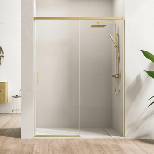 Mampara Ducha Frontal 1 puerta 1 fijo Corredera | Vidrio Templado 6mm Antical Transparente | Altura 195cm |Perfil Oro 125 cm (Adaptable 119-124cm)
