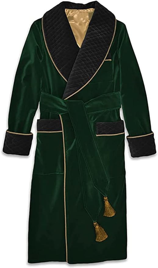 Smoking Jacket Green Long Velvet Gown For Men English Vintage Gentleman Belted Robes (3XL)
