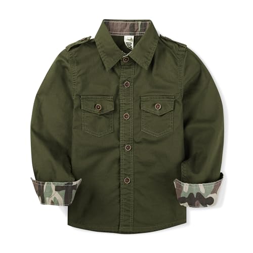 Image of Toddler Little Boys Button Down Long Sleeve Shirt Uniform Army Scout Casual Fall Top with Pocket