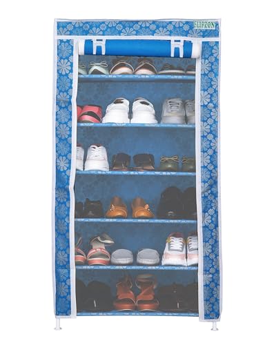Image of FLIPZON Premium 6-Tiers Shoe Rack /Multipurpose Storage Rack with Dustproof Cover (Iron Pipes, Non Woven Fabric, Plastic Connector) (Blue Flower), Cm