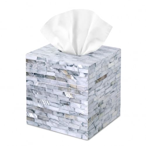 PEMAR Mother of Pearl Inlay Decorative Tissue Holder - Handcrafted Wooden Tissue Box Cover for Small Cube Tissue Boxes Only (Max Inner Size 4.7”) for Bathroom, Living Room & Office (Blue)