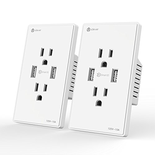 iClever 15 Amp 125 Volt Wall Outlet Duplex Receptacle, 4.2A Dual USB Charger Ports with SmartID Technology, White(2-Pack)