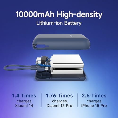 Image of Xiaomi Pocket Power Bank 10000mAh 22.5W with Built-in Cable | Super Fast Charging PD |Smart 12 Layer Protection|Triple Output Ports|Supports Android,Apple, Tablets, Earbuds,Watch(MI Powerbank),Blue