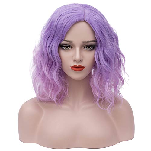 Mildiso Purple Pink Wigs for Women Short Bob Wavy Heat Resistant Synthetic Soft Full Hair Wig, 14’’ Shoulder Length Cute Purple to Pink Wig Party Cosplay Daily Use with Comfortable Wig Cap M068PP