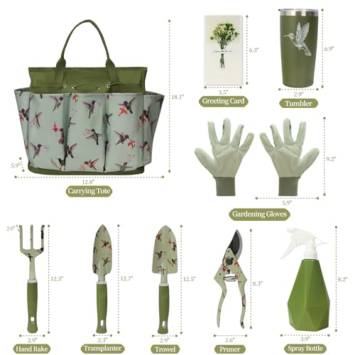 Garden Tool Set with Hummingbird Print, Heavy Duty Gardening Hand Tools with Garden Tool Bag,Gardening Gifts for Women&Men,Green - Image 3
