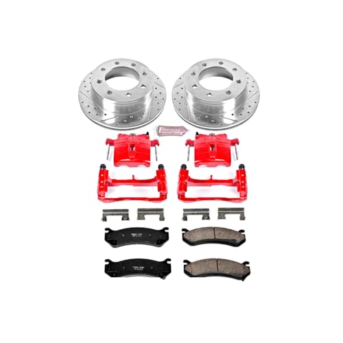 Image of PowerStop Rear Brake Kit for Chevrolet Avalanche 2500 2002-06 |Silverado 2500 1999-04 - Carbon-Fiber Ceramic Brake Pads + Drilled & Slotted Rotors + Red Powder Coated Calipers, KC2041