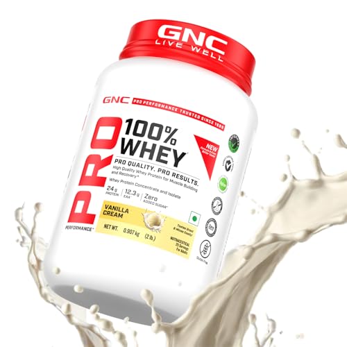 Image of GNC Pro Performance 100% Whey Protein | New Formulation | 24g Protein, 5.7g BCAAs, 12.3g EAAs | Added DigeZyme | Whey Isolate & Concentrate Blend, Low Carb (4.51g), No Added Sugar | Vanilla Cream, 907g