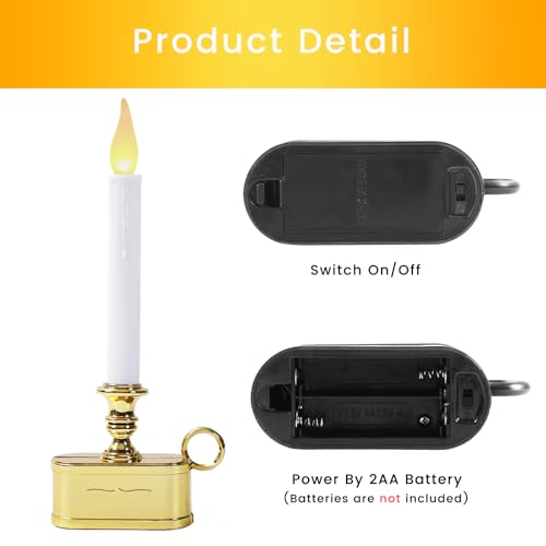 Image of Window Candles 2AA Battery Operated with Timer 8 Hours On and 16 Hours Off Led Warm White with Flicker Flame (Gold Base) Battery Not Included