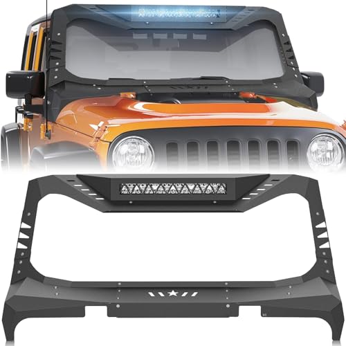 YZONA for Wrangler JK Mad Max Windshield Frame Cover with LED Light Bar Insert Roof Sun Visor Cowl Body Armor Fits for 2007-2018 Jeep Wrangler JK JKU, Front Windscreen Rack Protector Stand